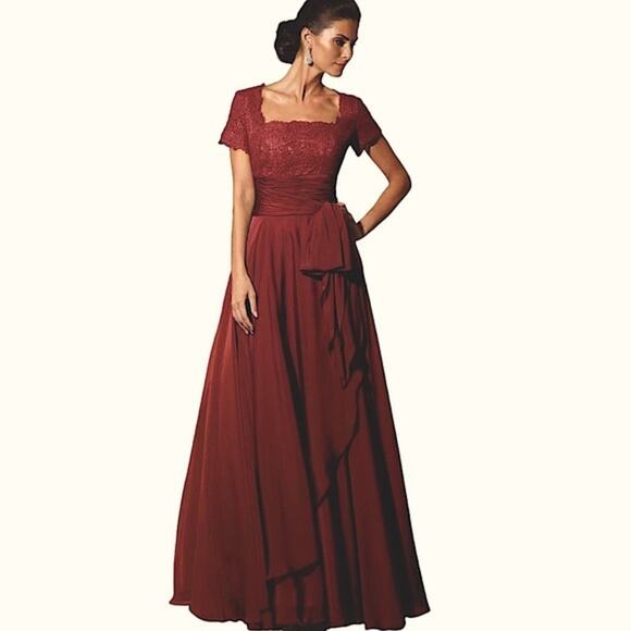 Alyce Paris Black Label 29264 Square Neck Lace And Chiffon Gown Burgundy Size 14 - Picture 1 of 14
